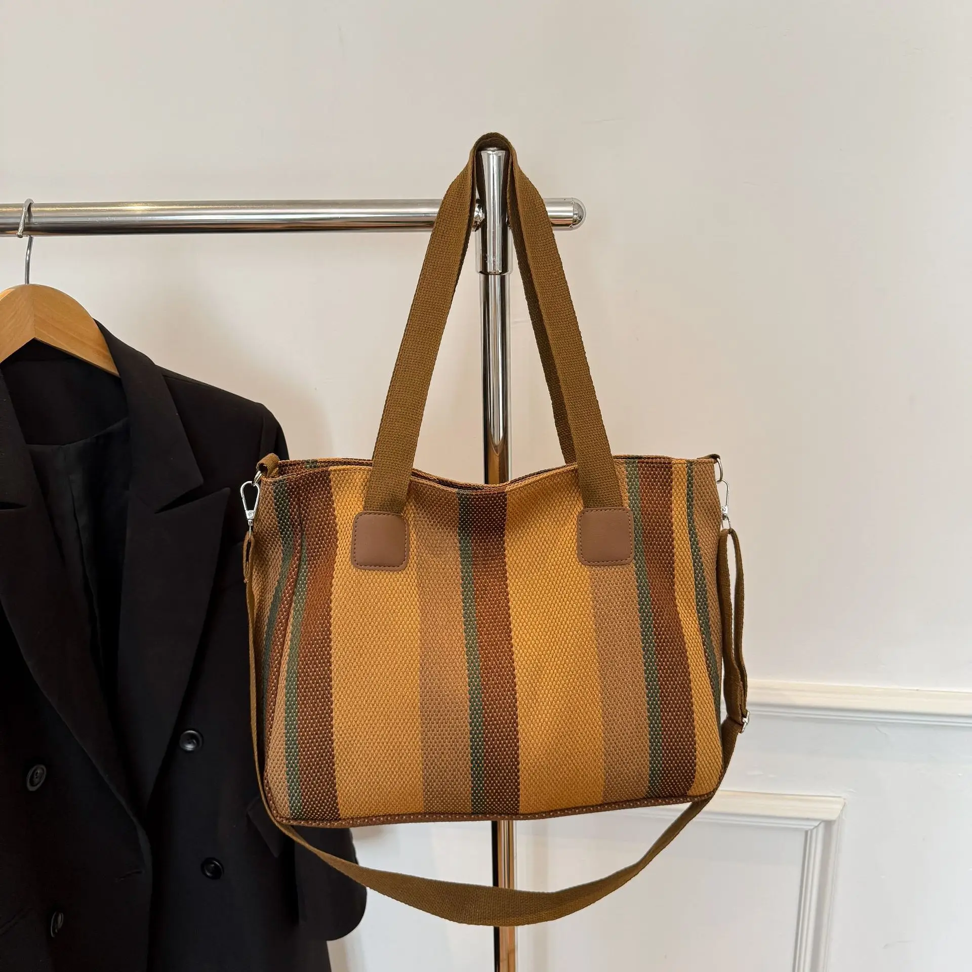 Striped Canvas Commuter Tote Bag for Women 2023 - Image 2