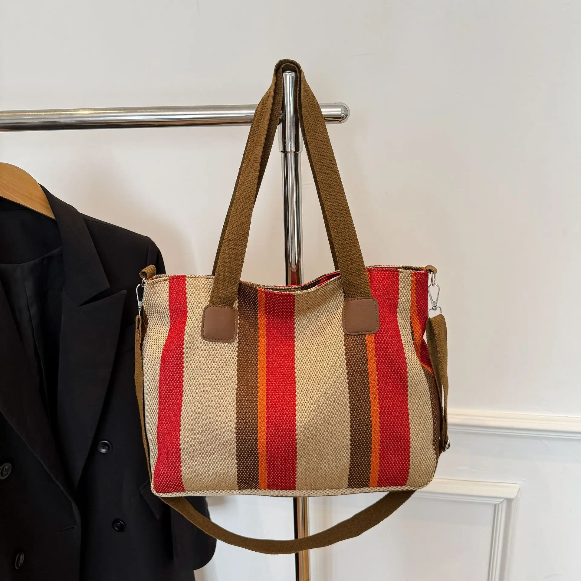 Striped Canvas Commuter Tote Bag for Women 2023 - Image 3
