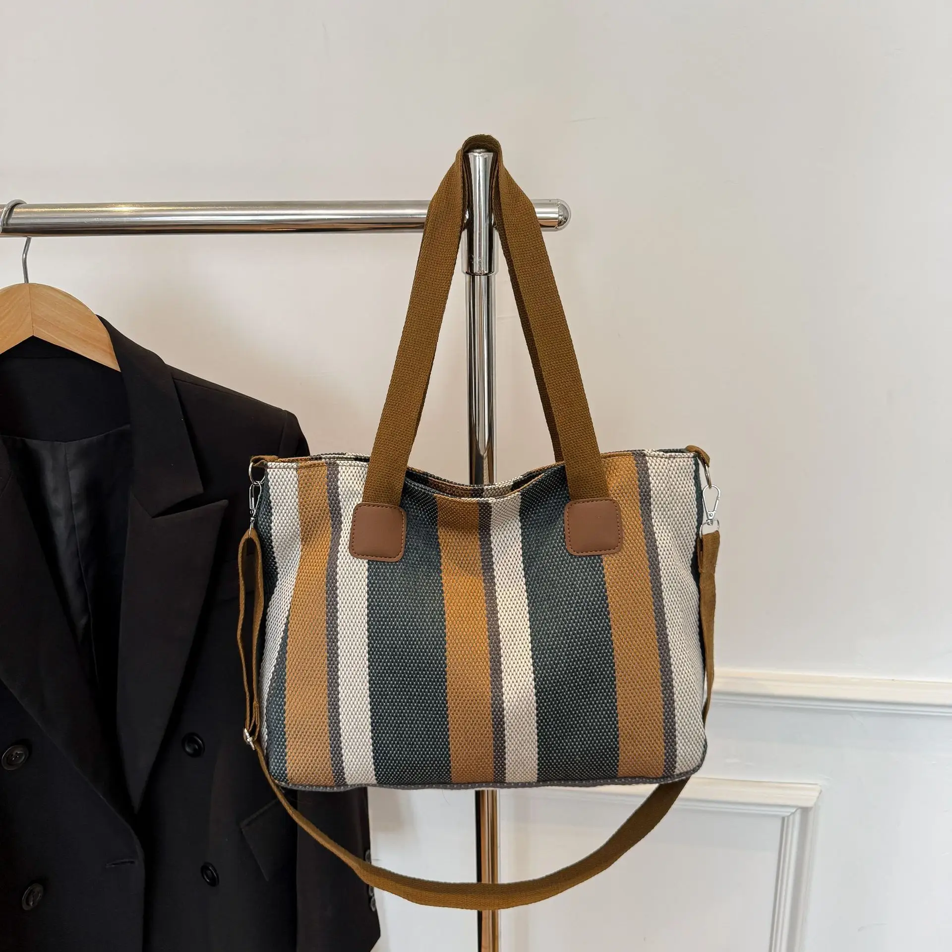 Striped Canvas Commuter Tote Bag for Women 2023 - Image 4