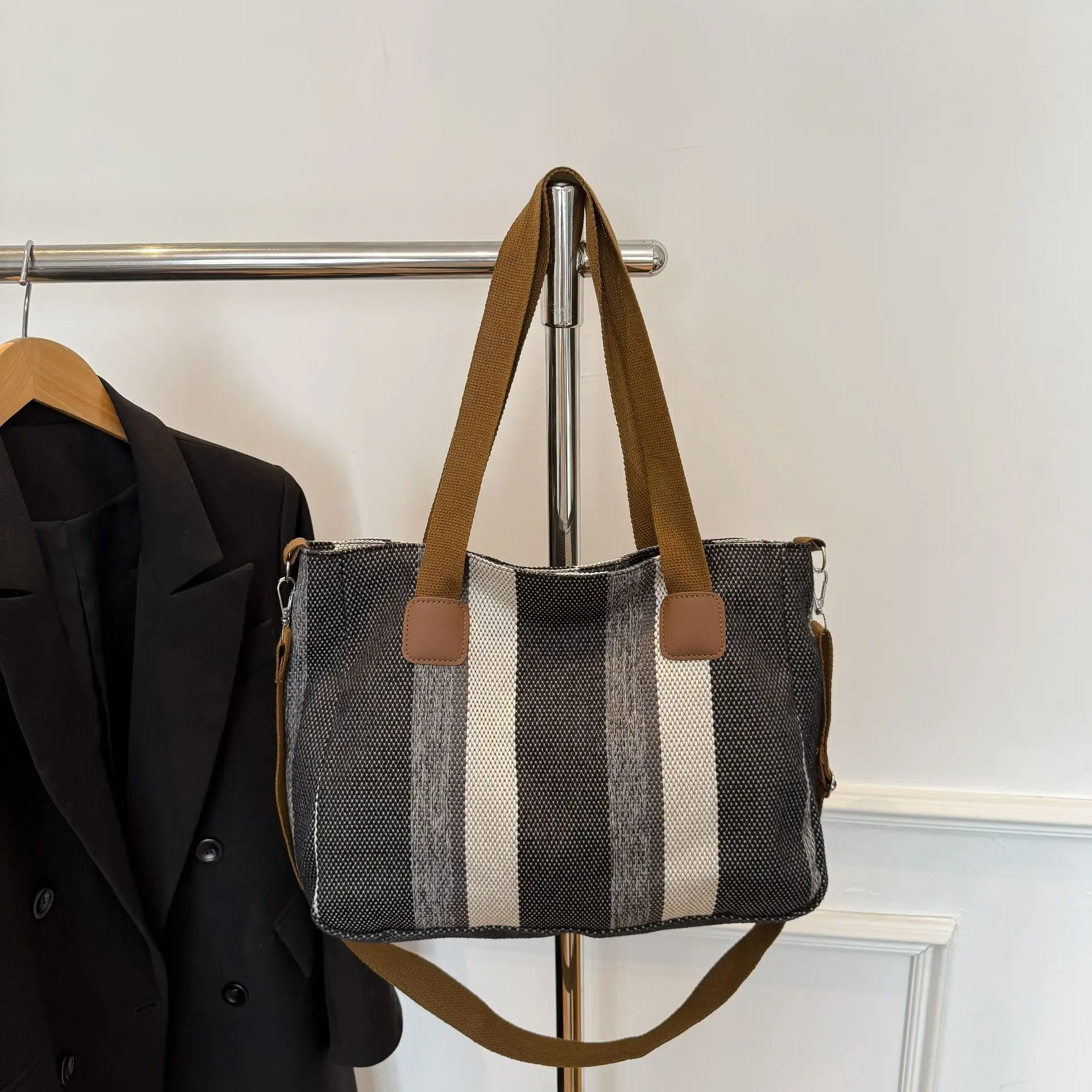 Striped Canvas Commuter Tote Bag for Women 2023 - Image 5