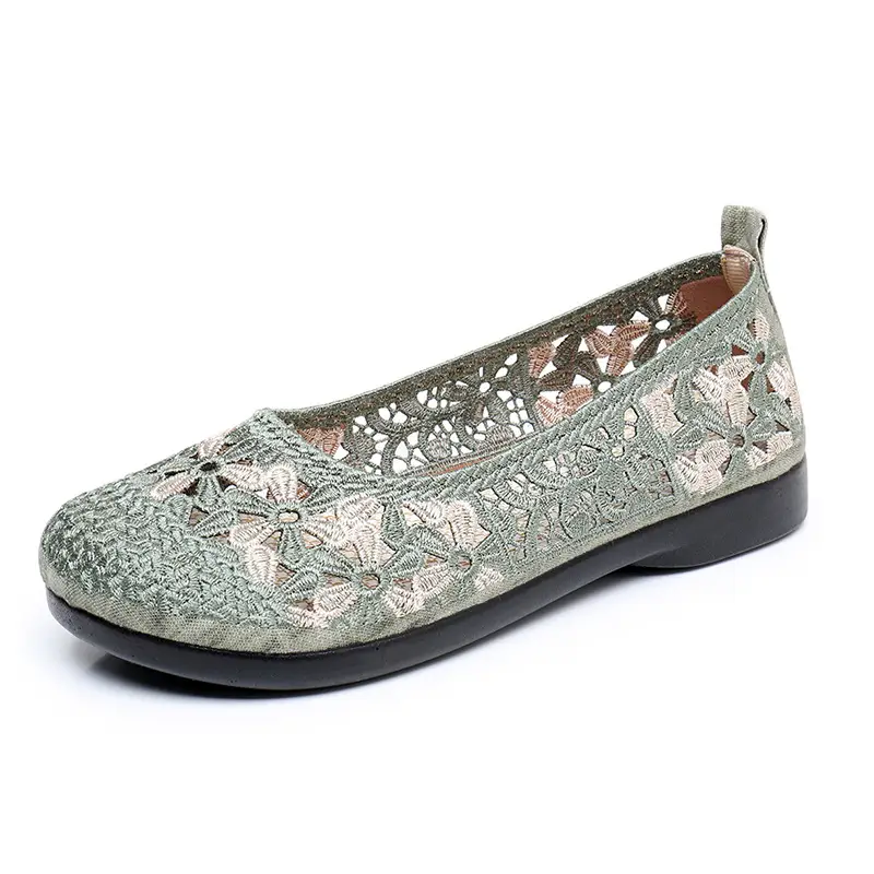 Retro Embroidered Women's Green Mesh Flat Shoes - Image 8