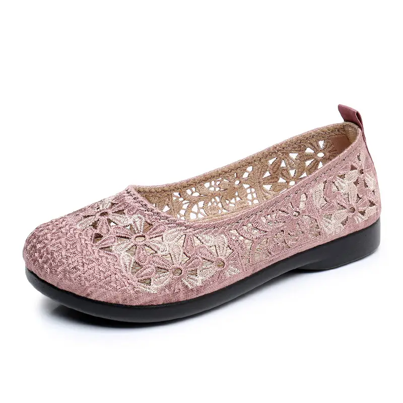 Retro Embroidered Women's Green Mesh Flat Shoes - Image 3