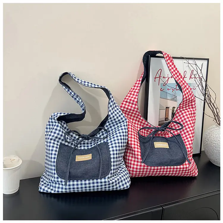 Women's Red Checkered Shoulder Bag with Black Zipper — feature 26