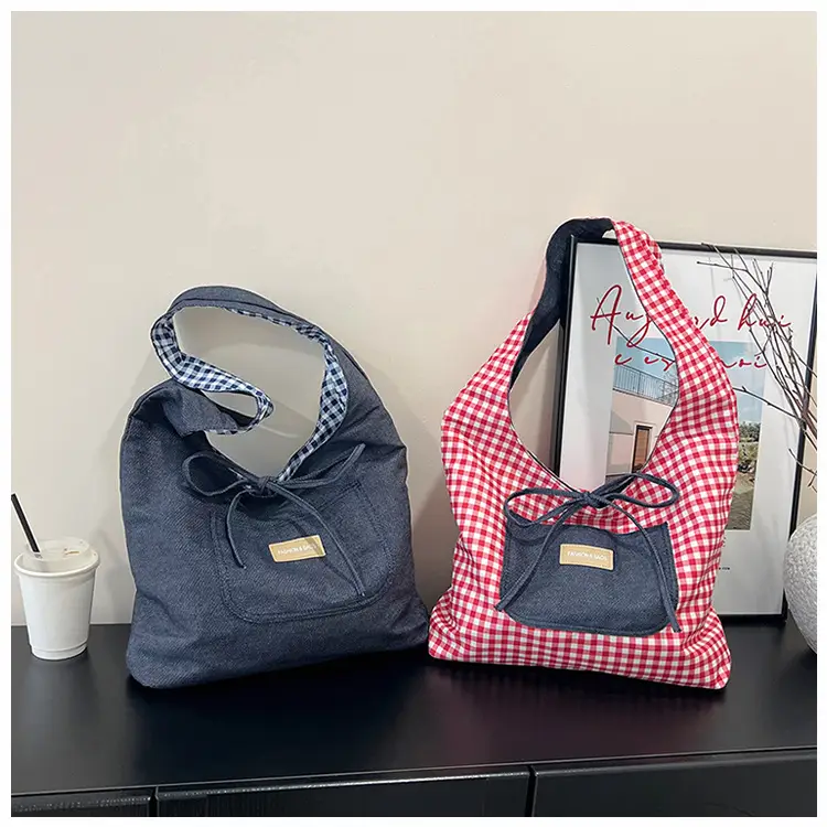 Women's Red Checkered Shoulder Bag with Black Zipper — feature 8