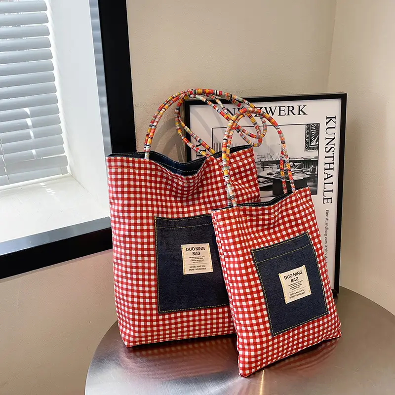 Women Plaid Handheld Tote Bag 2025 Red Blue - Image 5