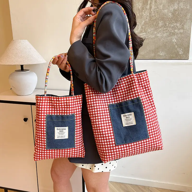 Women Plaid Handheld Tote Bag 2025 Red Blue - Image 7