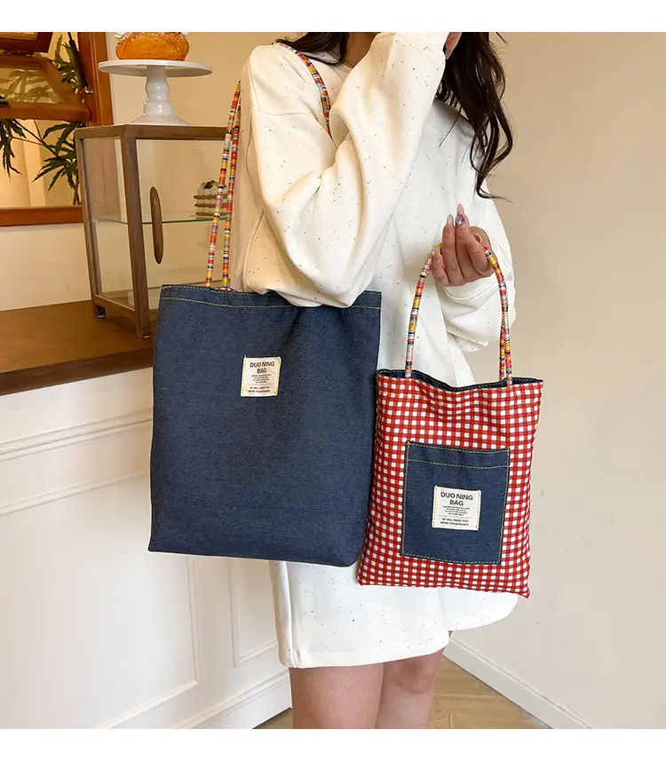 Women Plaid Handheld Tote Bag 2025 Red Blue — feature 1