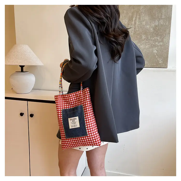 Women Plaid Handheld Tote Bag 2025 Red Blue — feature 10