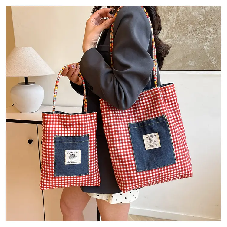 Women Plaid Handheld Tote Bag 2025 Red Blue — feature 11