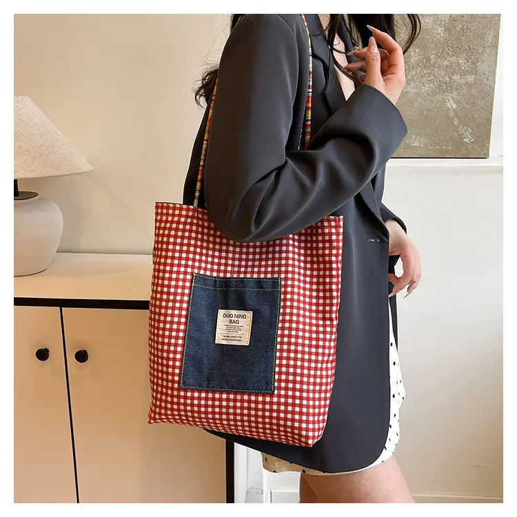 Women Plaid Handheld Tote Bag 2025 Red Blue — feature 12