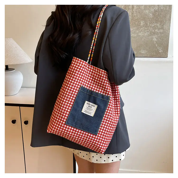 Women Plaid Handheld Tote Bag 2025 Red Blue — feature 13