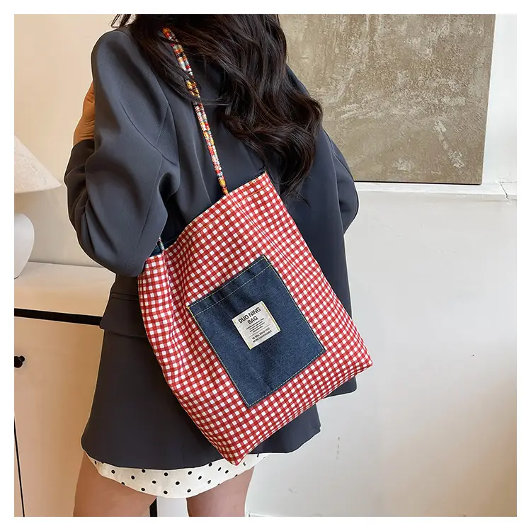 Women Plaid Handheld Tote Bag 2025 Red Blue — feature 14