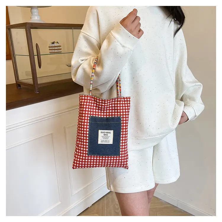 Women Plaid Handheld Tote Bag 2025 Red Blue — feature 15
