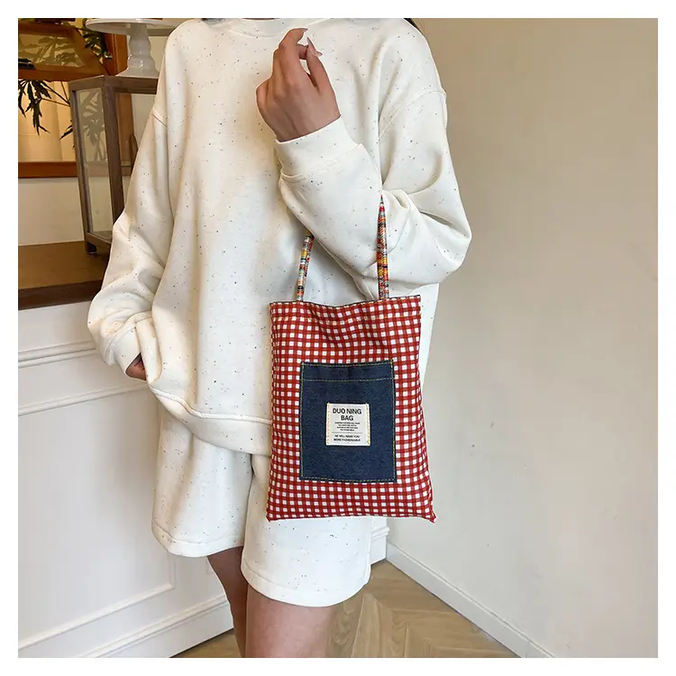 Women Plaid Handheld Tote Bag 2025 Red Blue — feature 17