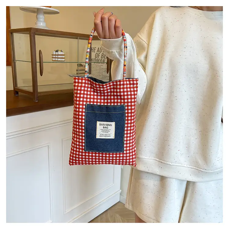 Women Plaid Handheld Tote Bag 2025 Red Blue — feature 18