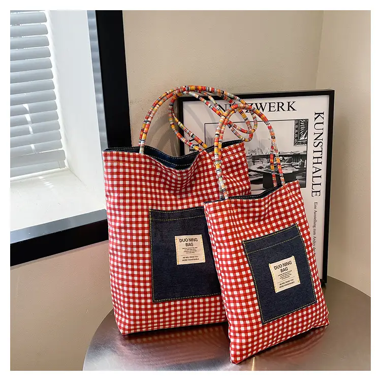 Women Plaid Handheld Tote Bag 2025 Red Blue — feature 30