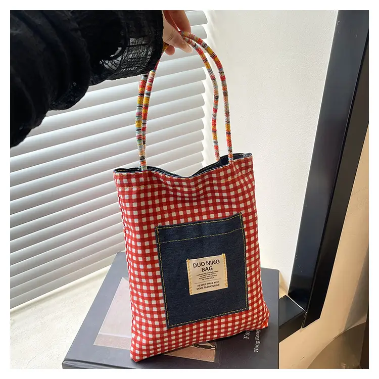 Women Plaid Handheld Tote Bag 2025 Red Blue — feature 39