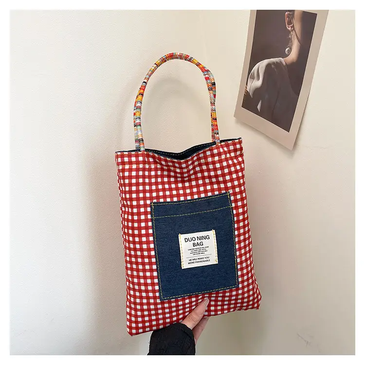 Women Plaid Handheld Tote Bag 2025 Red Blue — feature 48