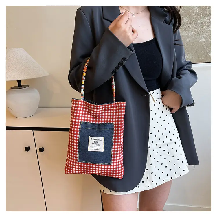 Women Plaid Handheld Tote Bag 2025 Red Blue — feature 7