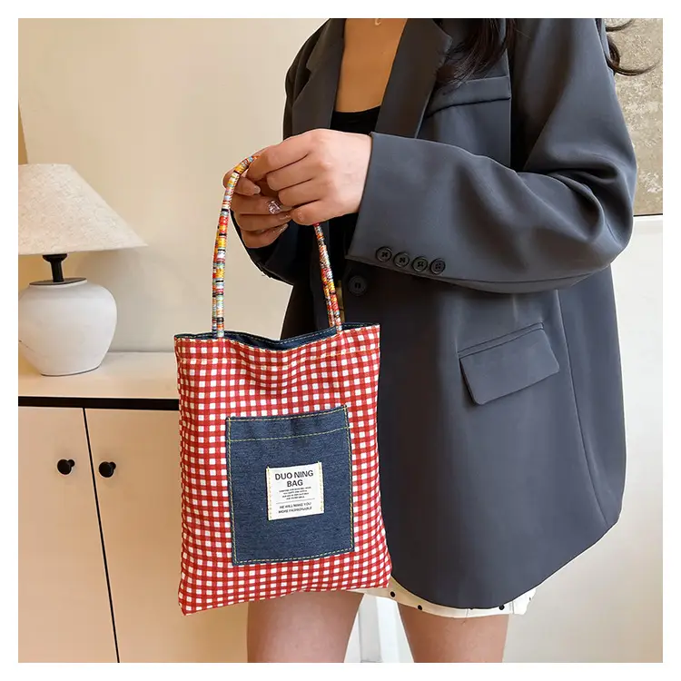 Women Plaid Handheld Tote Bag 2025 Red Blue — feature 8