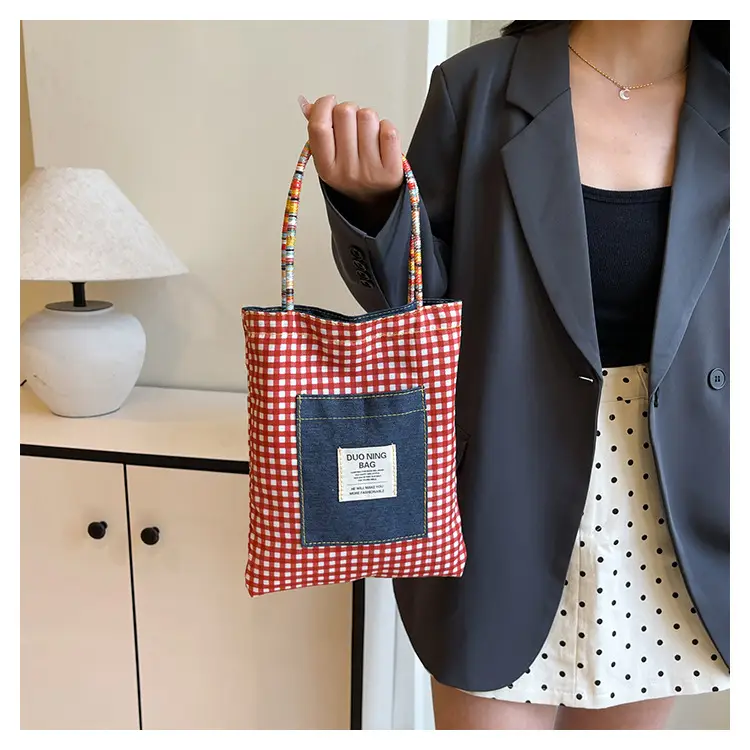 Women Plaid Handheld Tote Bag 2025 Red Blue — feature 9