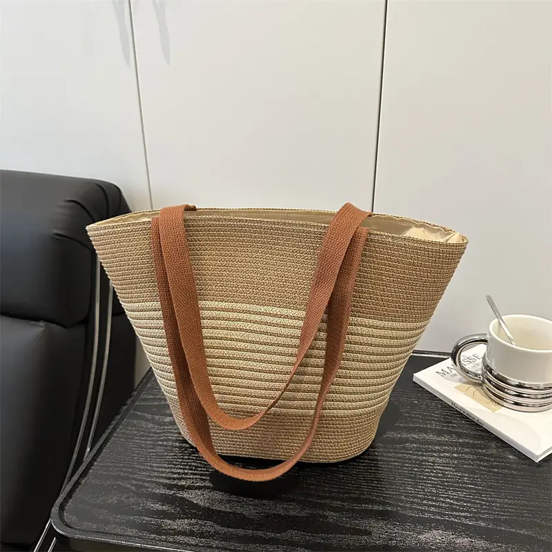 Straw Woven Handbag for Women with Leather Handles - Image 5