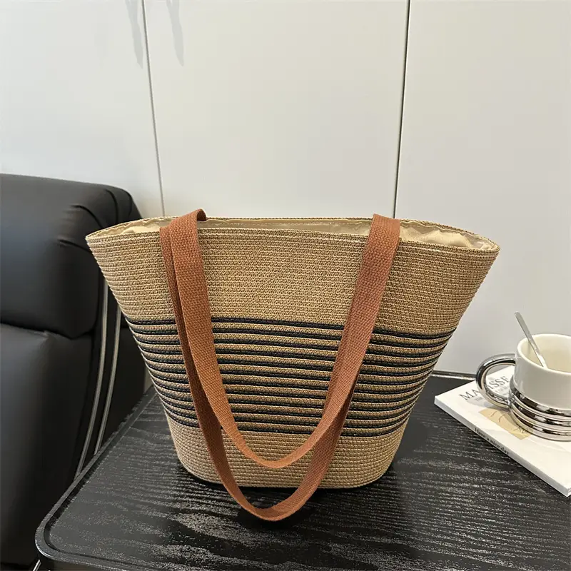 Straw Woven Handbag for Women with Leather Handles - Image 7