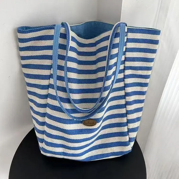 2025 Summer Striped Canvas Tote Bag Blue White - Image 5