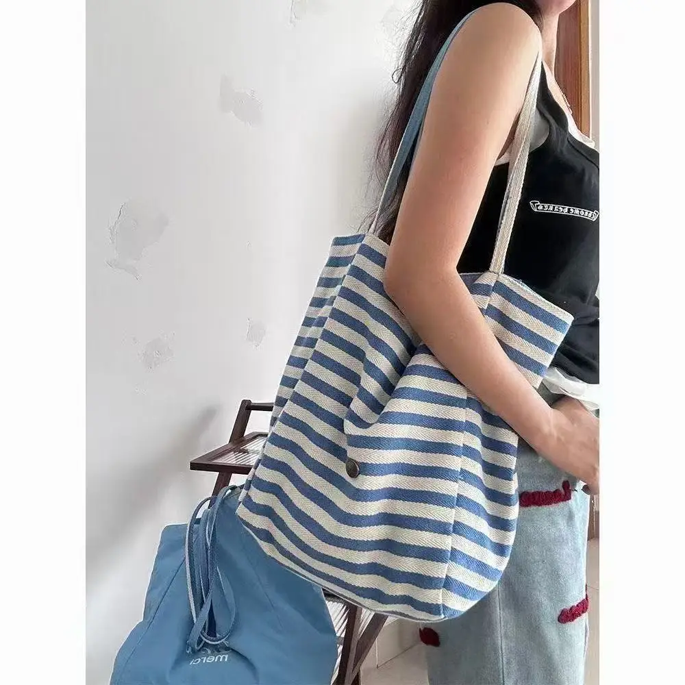 2025 Summer Striped Canvas Tote Bag Blue White - Image 6