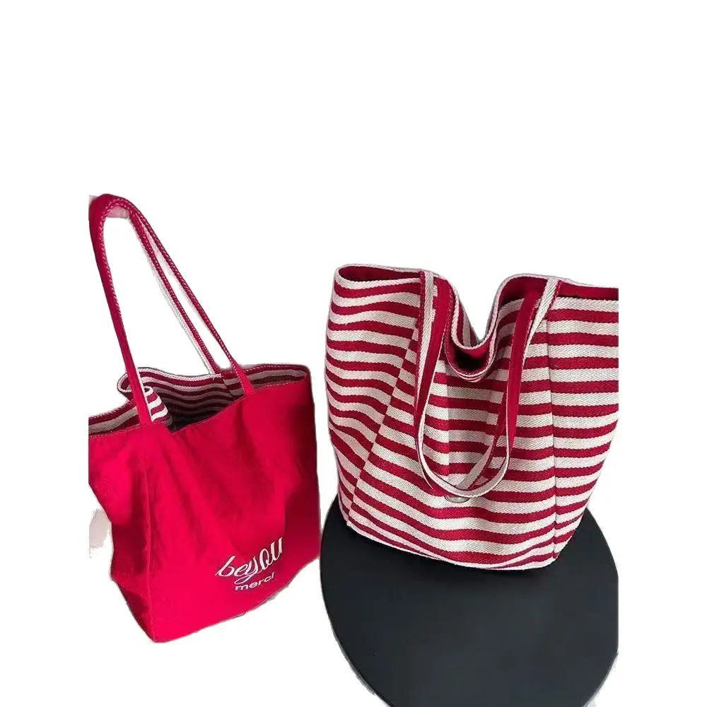 2025 Summer Striped Canvas Tote Bag Blue White - Image 7