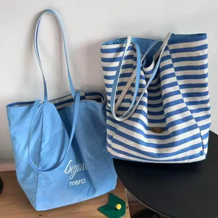 2025 Summer Striped Canvas Tote Bag Blue White — feature 1