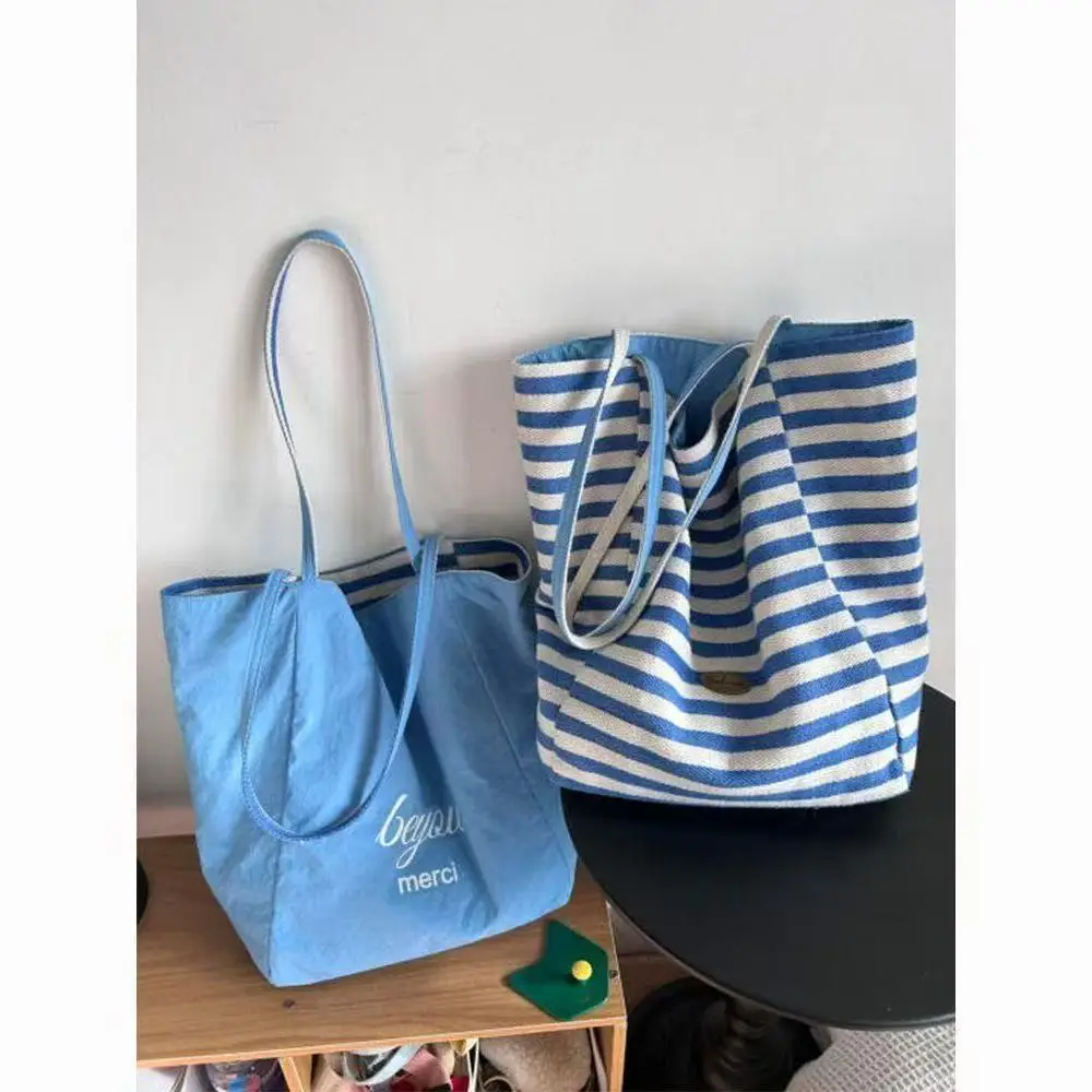 2025 Summer Striped Canvas Tote Bag Blue White — feature 11