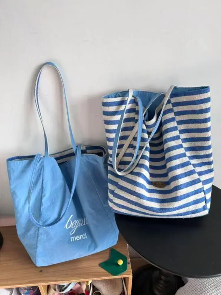 2025 Summer Striped Canvas Tote Bag Blue White — feature 13