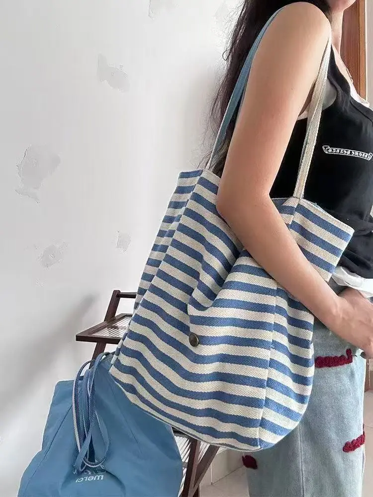 2025 Summer Striped Canvas Tote Bag Blue White — feature 15