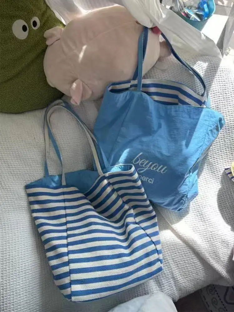 2025 Summer Striped Canvas Tote Bag Blue White — feature 16