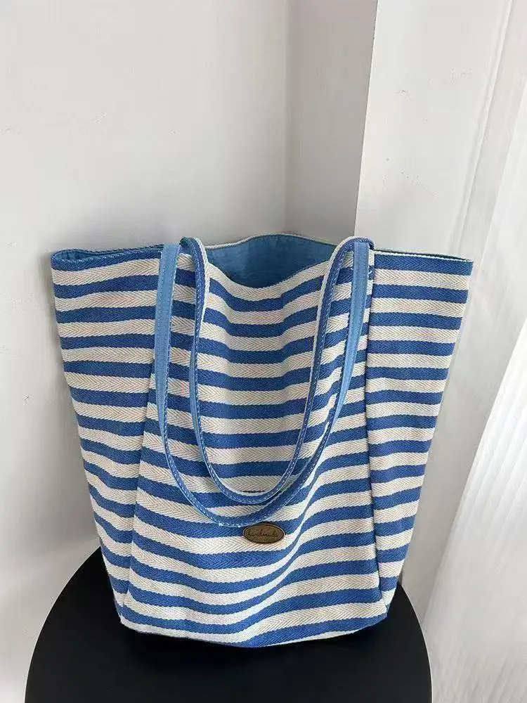 2025 Summer Striped Canvas Tote Bag Blue White — feature 7