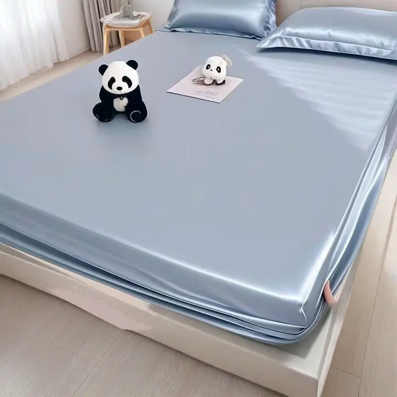 Summer ice silk bed hat one-piece mattress protector new solid color bed cover dust cover summer bed sheet three-piece set