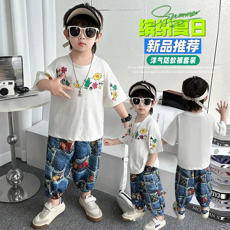 Children's Cartoon T-Shirt White Blue Floral Print 2025 Summer - Image 3