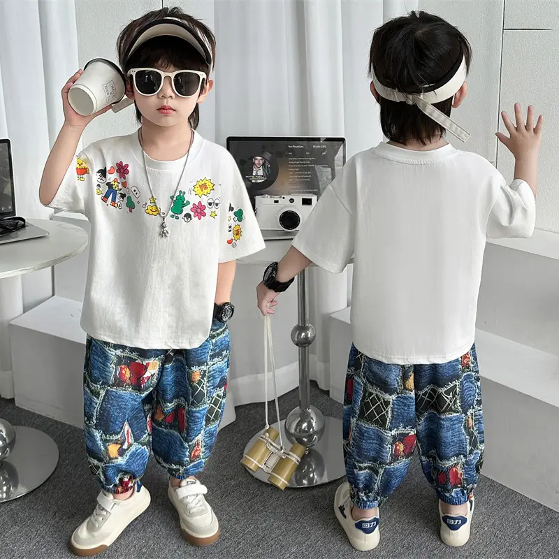 Children's Cartoon T-Shirt White Blue Floral Print 2025 Summer - Image 4