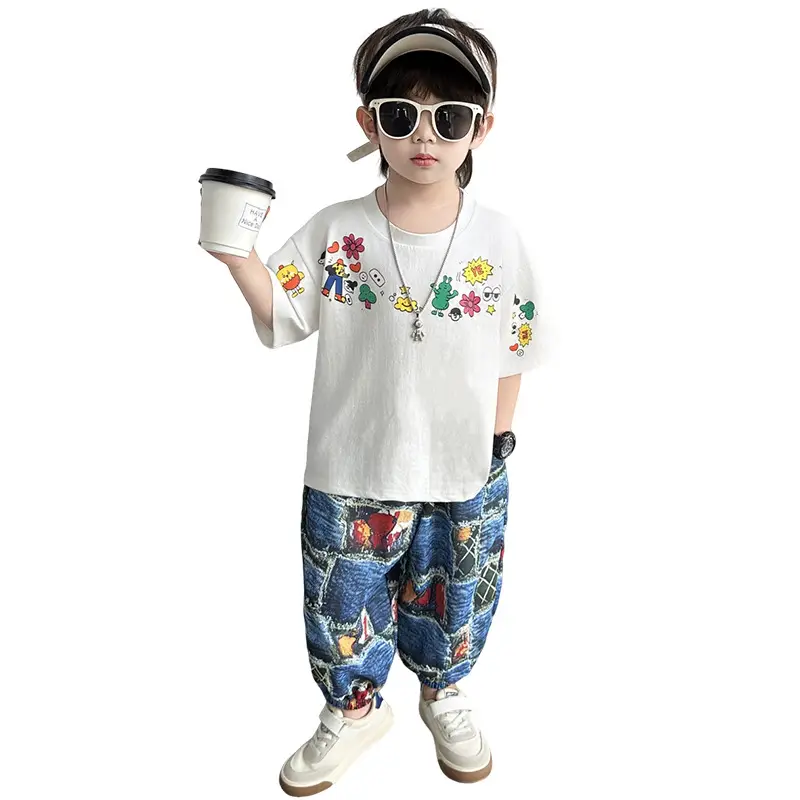 Children's Cartoon T-Shirt White Blue Floral Print 2025 Summer - Image 5