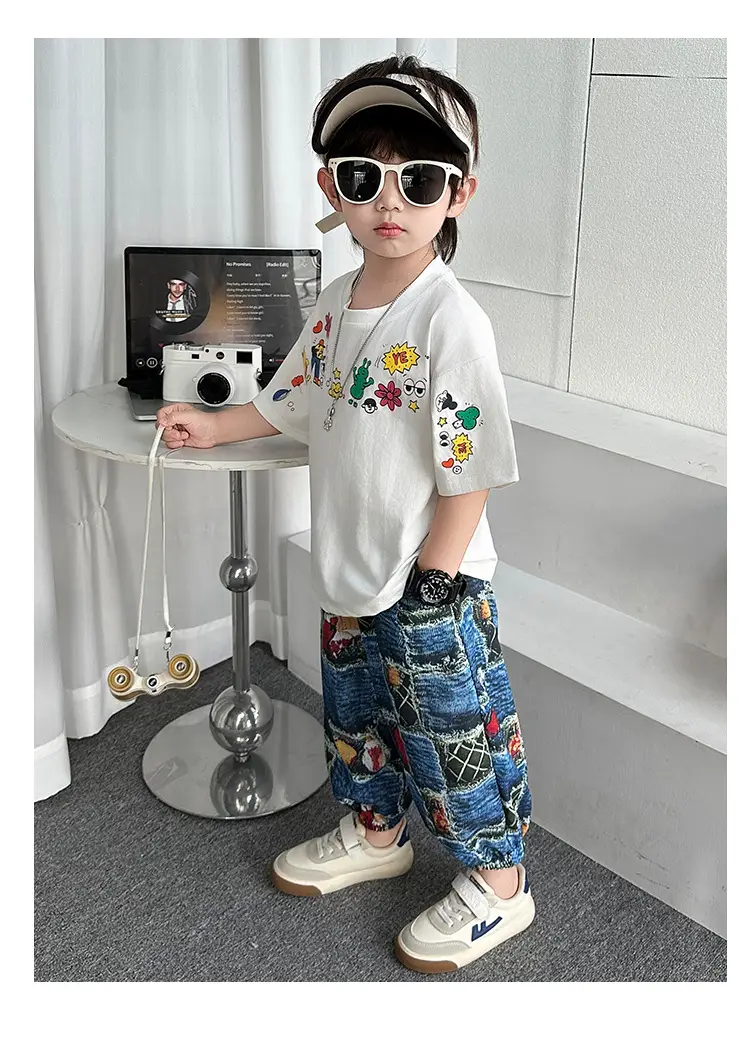 Children's Cartoon T-Shirt White Blue Floral Print 2025 Summer â feature 11