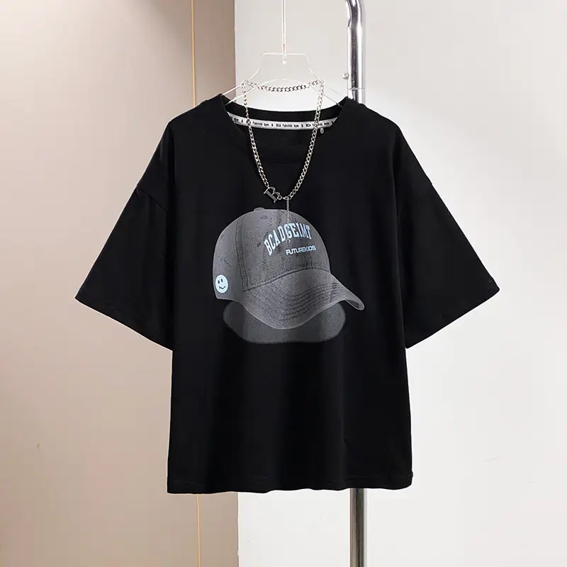 Black Printed Cap T-Shirt for Boys Summer Wear