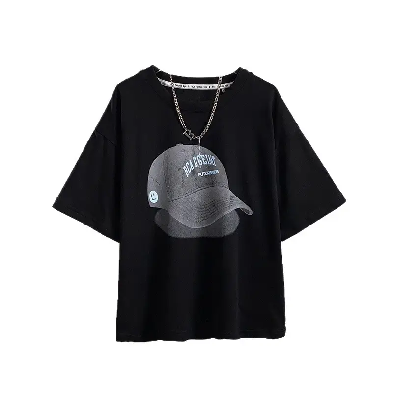 Black Printed Cap T-Shirt for Boys Summer Wear