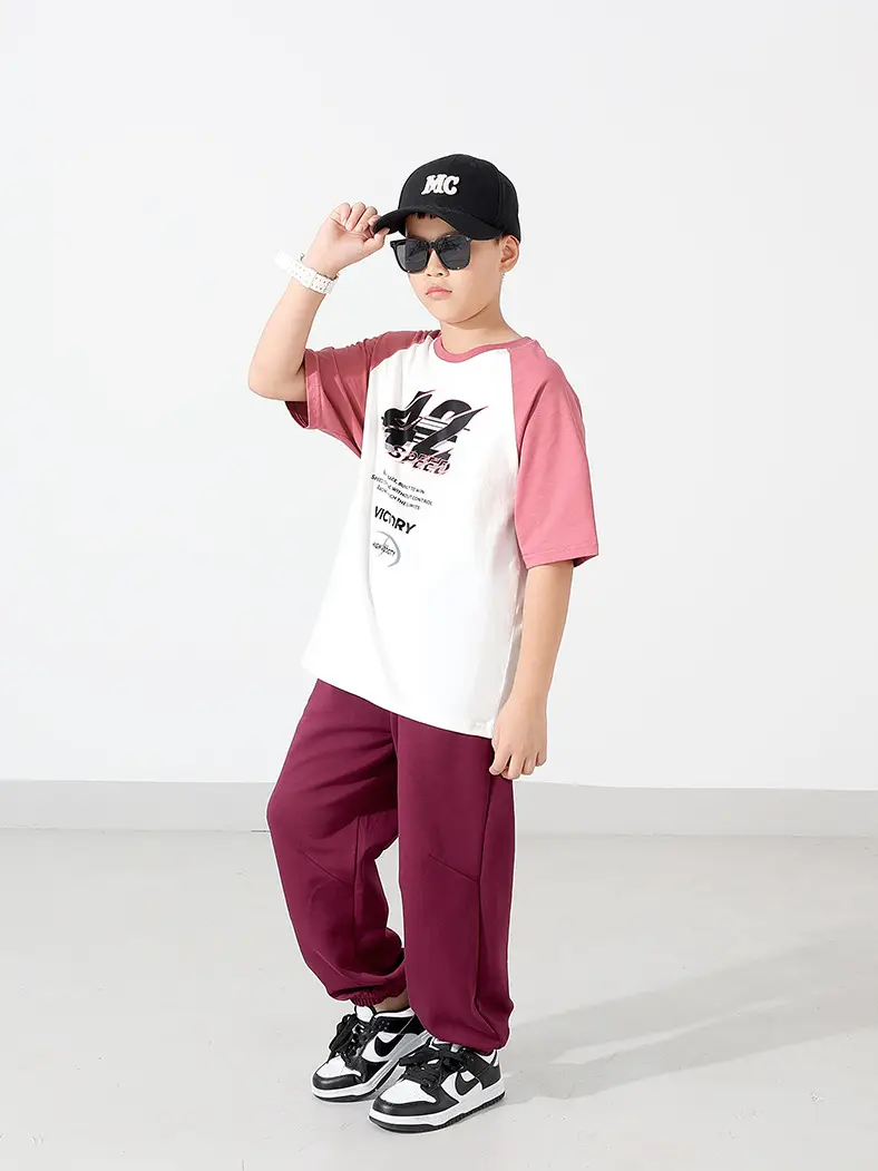 Kids Korean Style T-Shirt Set Pink White Maroon Pants - Image 6
