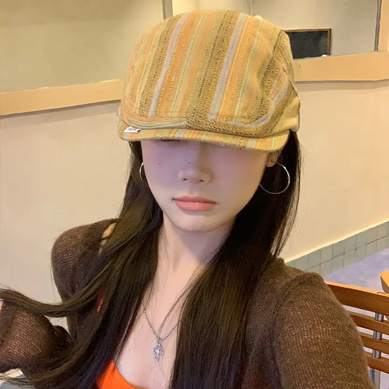 Japanese Retro Duckbill Cap for Women Brown Striped - Image 4