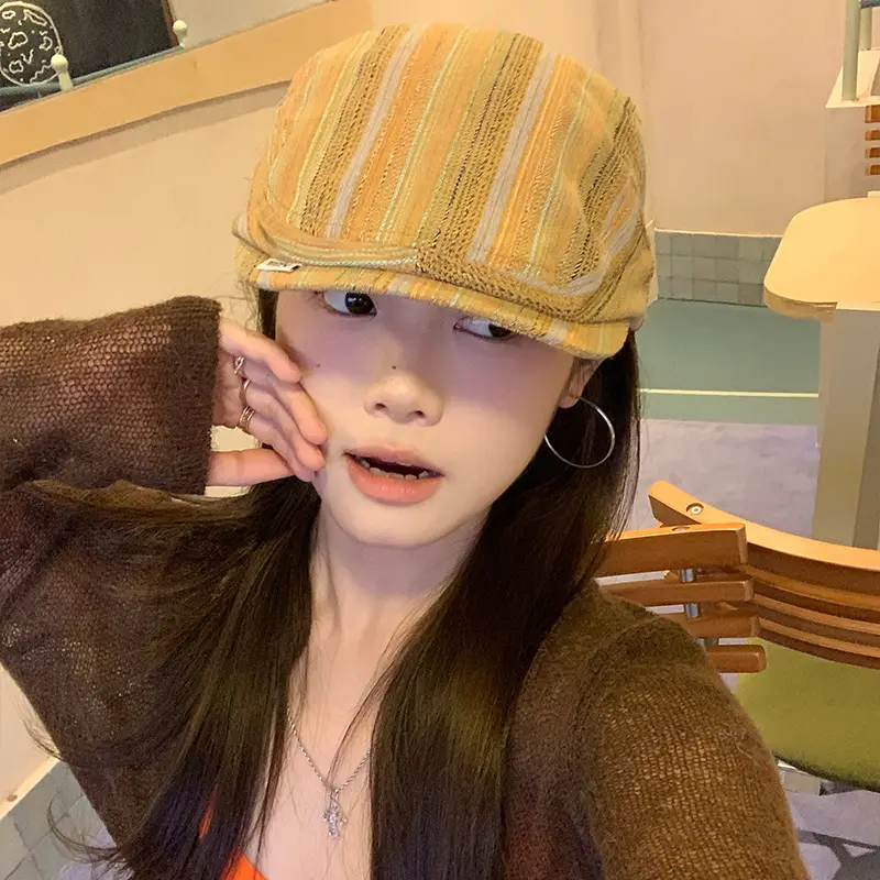 Japanese Retro Duckbill Cap for Women Brown Striped - Image 5