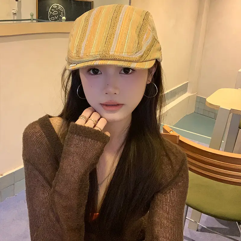 Japanese Retro Duckbill Cap for Women Brown Striped - Image 6