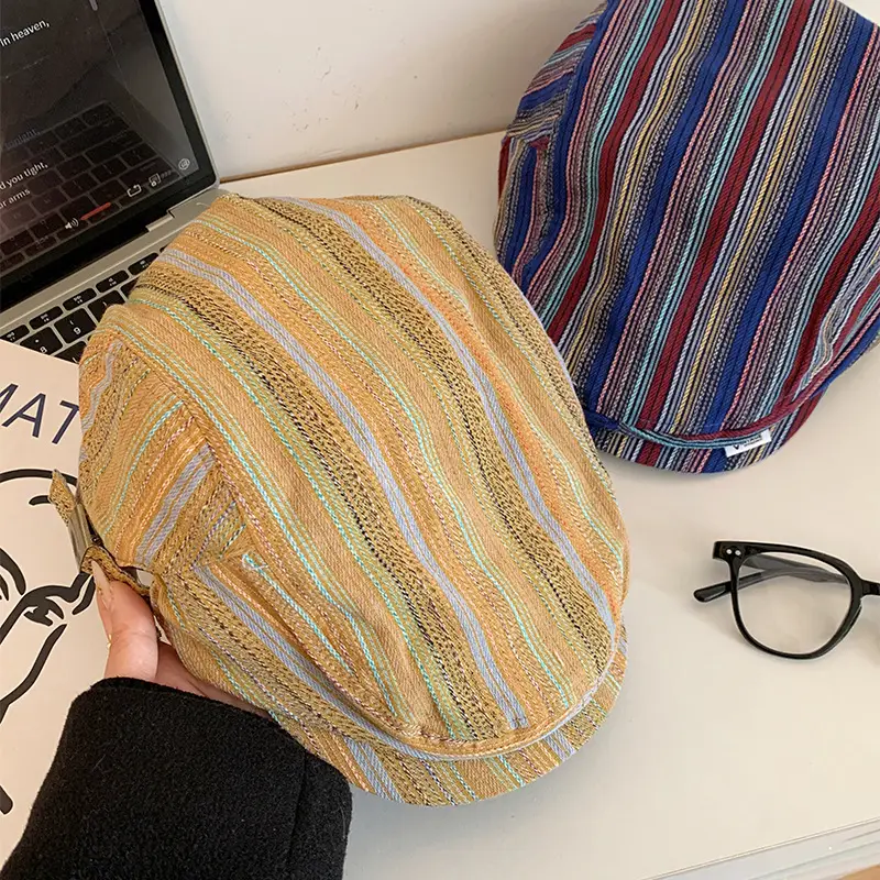 Japanese Retro Duckbill Cap for Women Brown Striped - Image 7