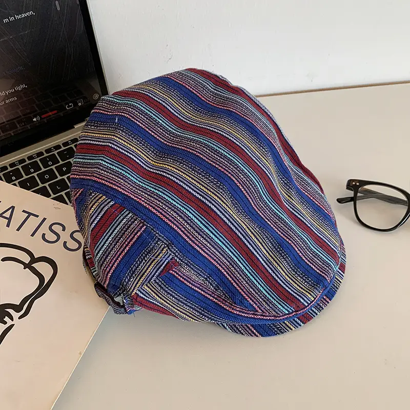 Japanese Retro Duckbill Cap for Women Brown Striped - Image 2