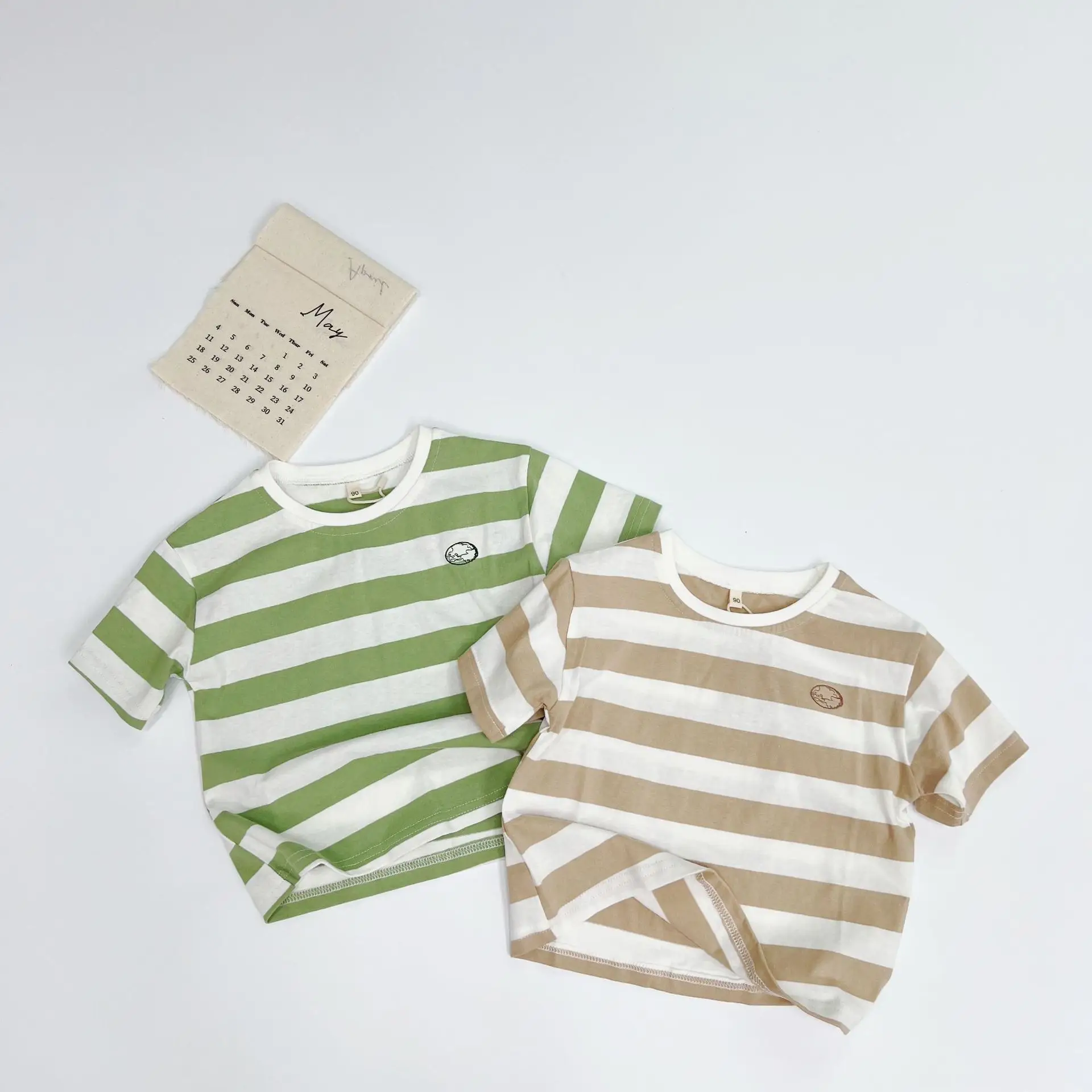 2025 Kids T-Shirt Brown White Stripes Round Neck Embroidered - Image 3